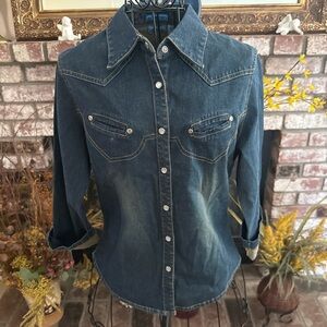 Y2K Denim Western Button Down 3/4 Sleeve Top
